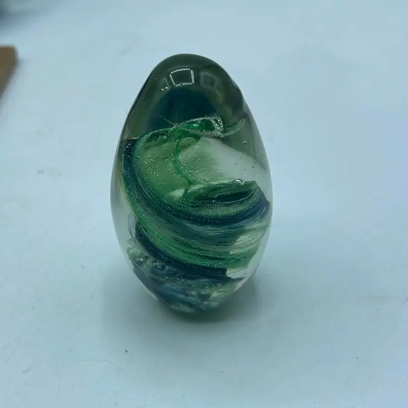 Small Egg Paperweight 2.5” X 1” Green Swirl