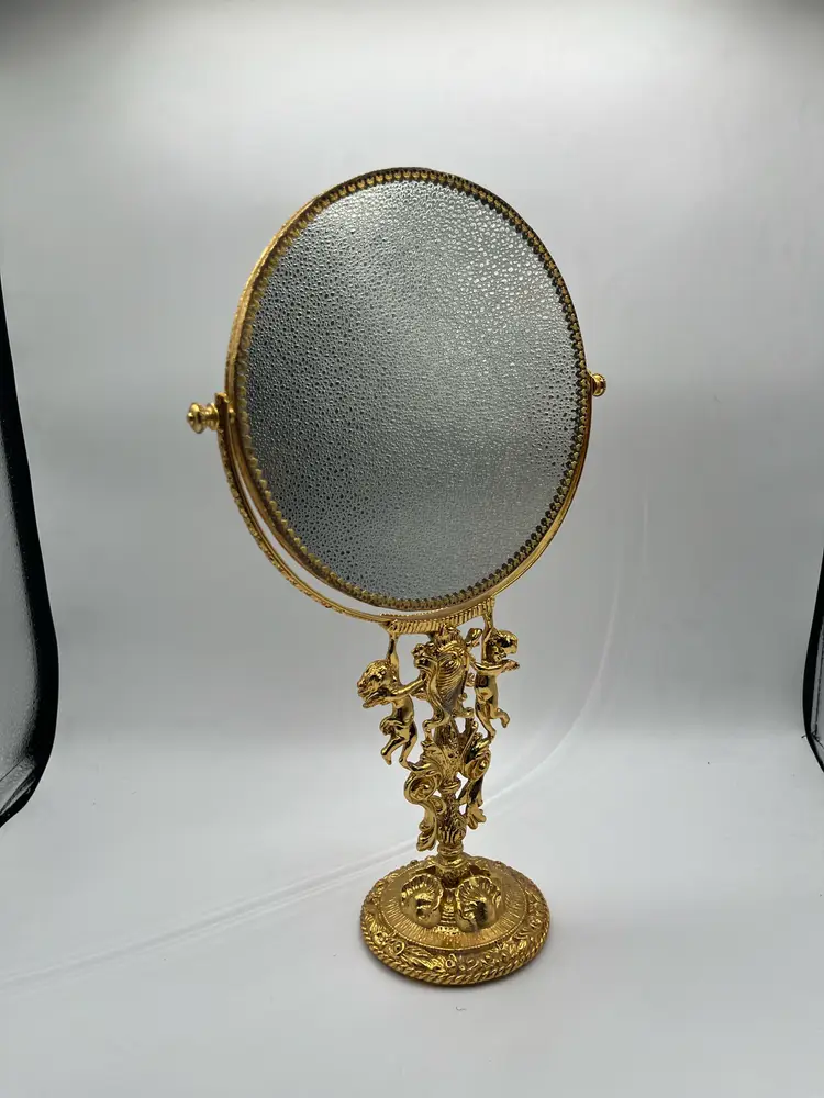 Stylebuilt USA MCM Hollywood Regency Style Gold Tone Standing Cherub Vanity Mirror