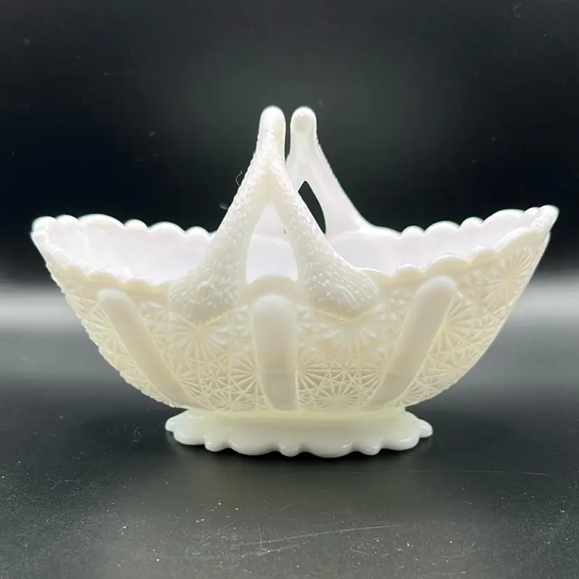 Fenton Milk Glass Basket, Daisy Button Pattern Split Handle