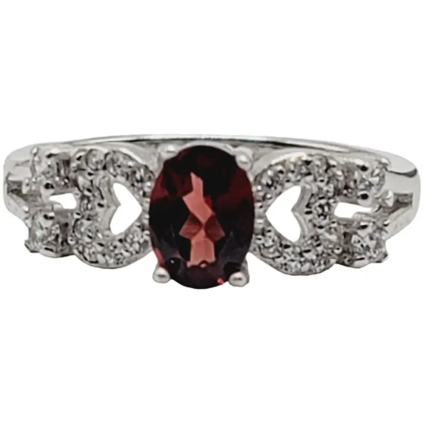 925 Sterling Silver Rhodium Plated Genuine Garnet Ring Clear CZ Heart Design