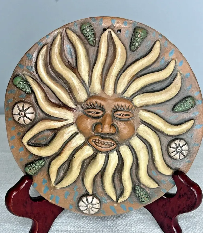 Vintage Aztec Harvest Sun Face Handmade Folk Art Clay Pottery  6.5” Wall Décor