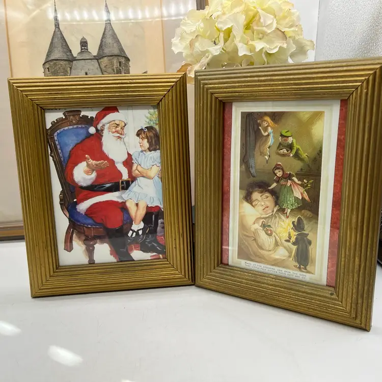 Pair Of Wooden Vintage Gold Frames With Vtg Christmas Cutouts
