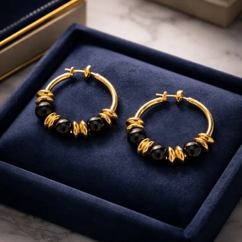 Metal Hoop Earrings with Black Beads for Pierced Ears