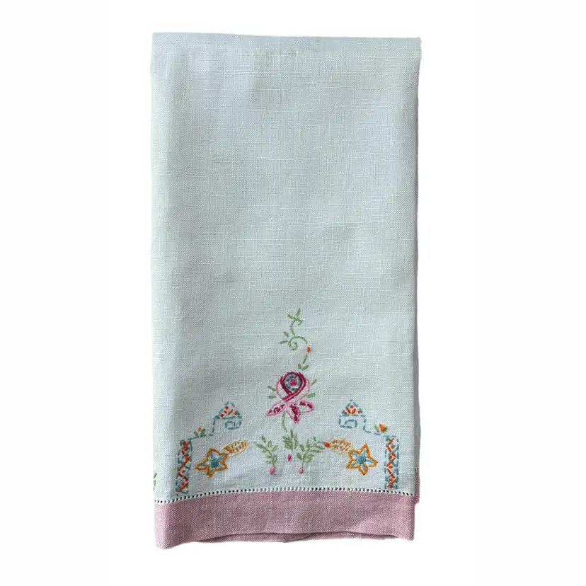 Embroidered Floral Linen Tea Towel Pink Hem Shabby Decor Vintage Fingertip Cottagecore 16x27