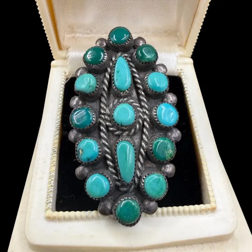 BILL & LOU LAWEKA ZUNI STERLING SILVER TURQUOISE PETITE POINT CLUSTER RING sz 5 3/4