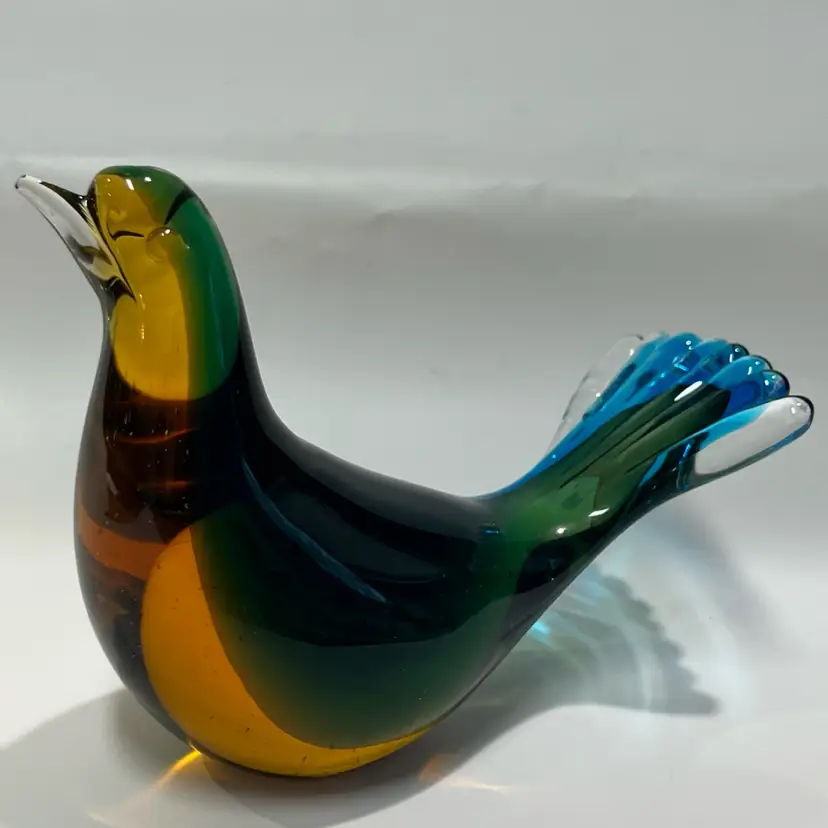 Murano Art Glass Bird- Sommerso W/ green, amber and blue. Beautiful! 5” Long, 3.5” Tall- Original Sticker