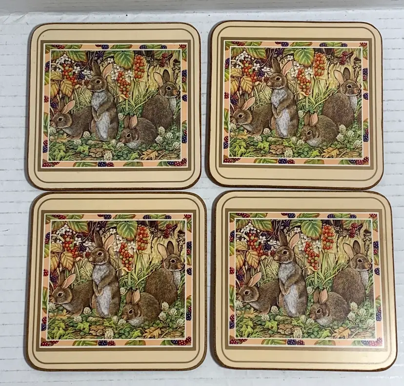 VTG 4 Pimpernel Coasters Bunny Rabbits Summer Garden Berries 4” Cork Back