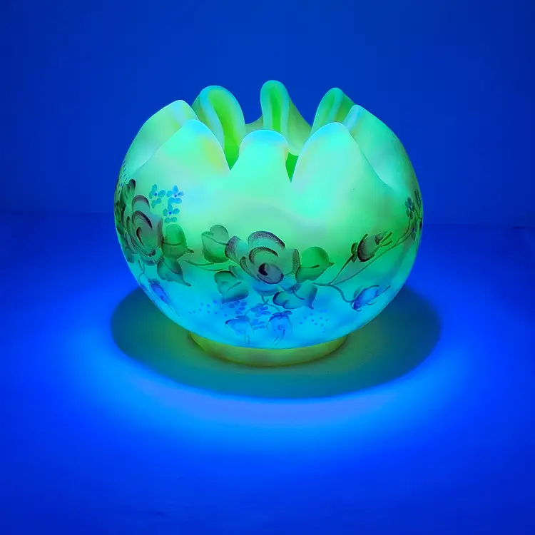 Fenton Glowy Burmese Glass Rose Bowl Vase Hand Painted Signed