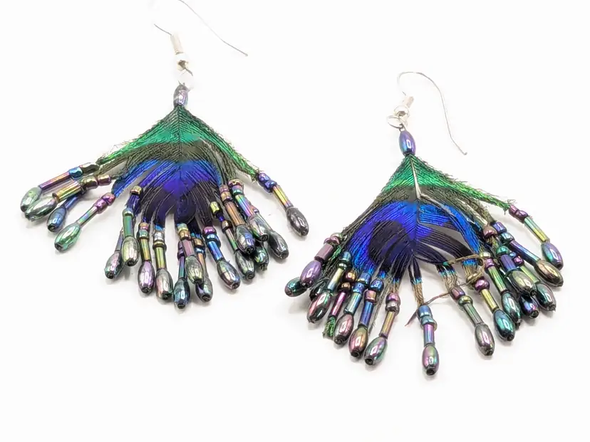 Peacock Feather Dangle Pierced Earrings with Bead Accents
