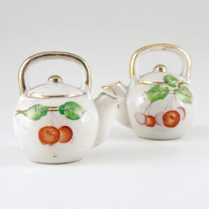Miniature Tea Pot Salt & Pepper Shakers, Hand-Painted Porcelain Red Cherries, Vintage Made in Japan