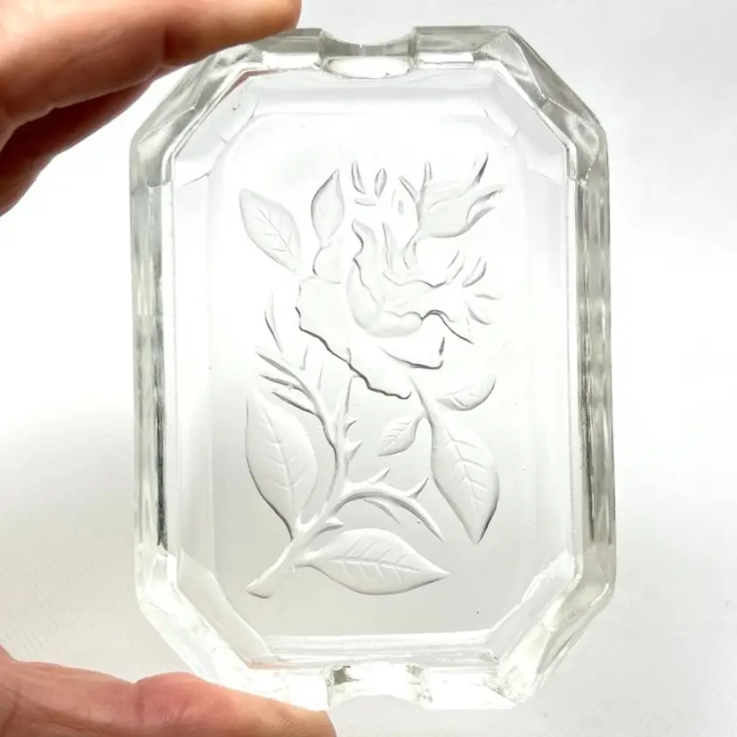 Vintage Intaglio Etched Rose Clear Glass Ashtray. Pretty As Little Trinket Tray! 3-3/4” long x 2-3/4” width x 1/2” height.