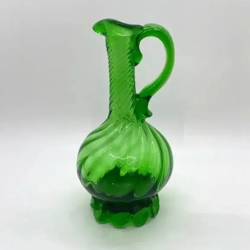 Hand Blown Emerald Green Twisted Glass Small Pitcher Creamer Cruet Footed 6"
