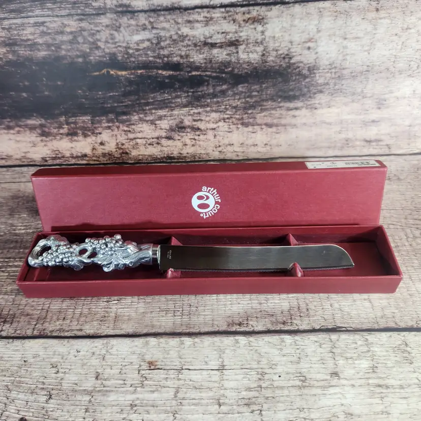 Arthur Court 12" Bread Knife w Box Grapes Pattern Aluminum Grapevine Leaves Handle Vintage