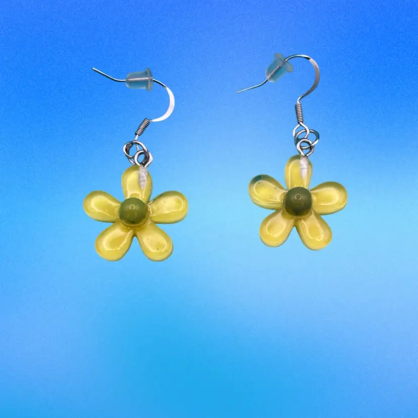 Yellow Glass Flower Dangle Earrings – Silver-Tone Hooks