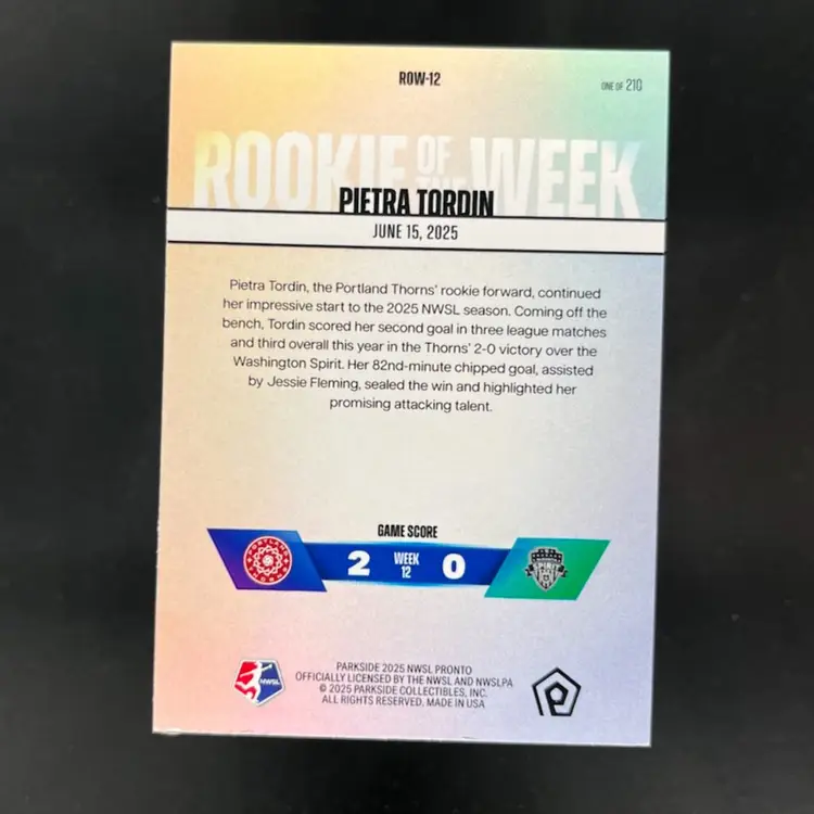 Pietra Tordin 2025 NWSL Parkside Pronto Rookie Of The Week Subscriber Exclusive /210 Soccer Card #ROW12