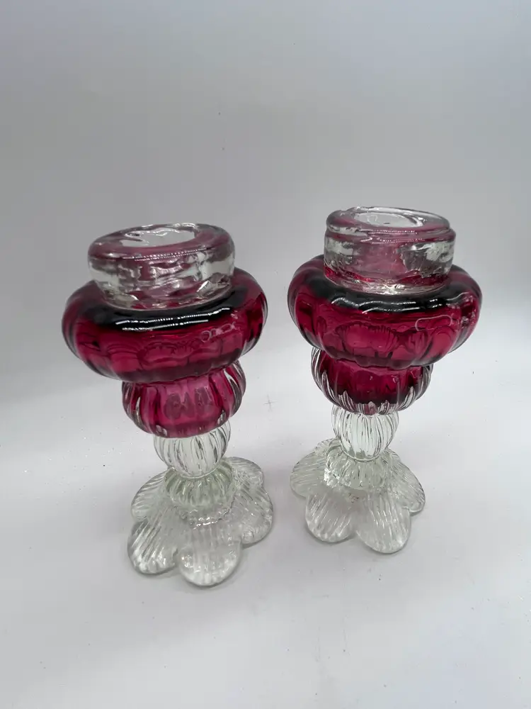 Rare Pair ROSSI 1970s Cranberry Glass Mouth Blown Studio Art Glass Candle Holders Made in Canada