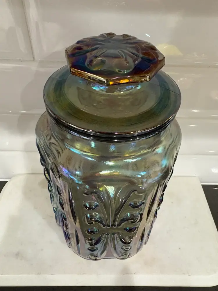 Vintage Carnival Glass Blue Iridescent Embossed Canister Cookie Jar