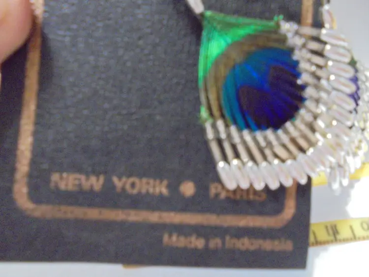 Peacock Feather and Bead Earrings 2" x 1.75"