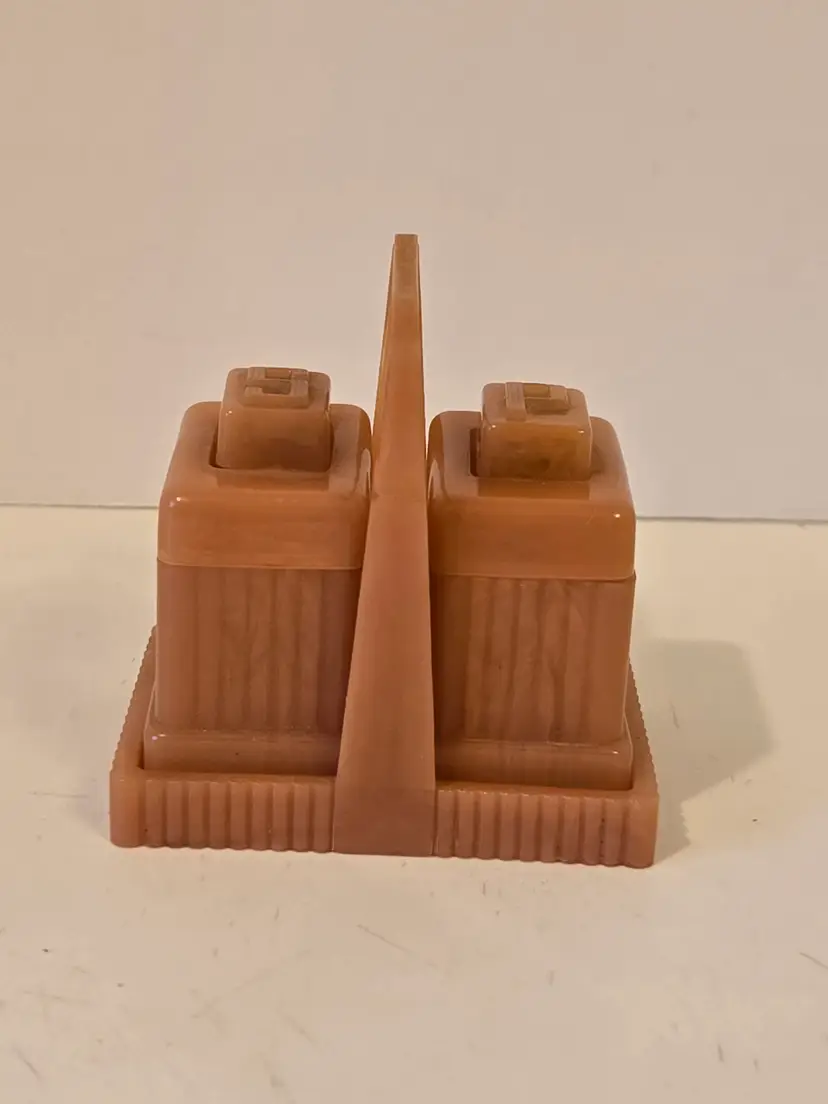 Art Deco Vintage Pink Carvanite 3 Piece Salt & Pepper Shaker Set