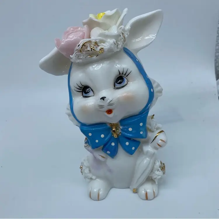 #1610 Three Japan Figurines Pink Cat Yellow Squirrel Blue Bunny Bonnets With Applied Flowers Ceramic Kitschy