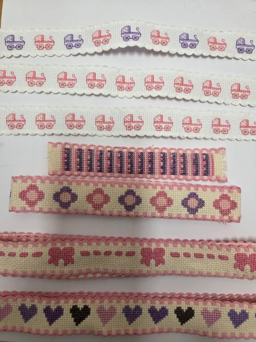 New 7 Piece Lot of Cross-stitched Ribband Girl Themed Pink and Purple to Add To Crafts