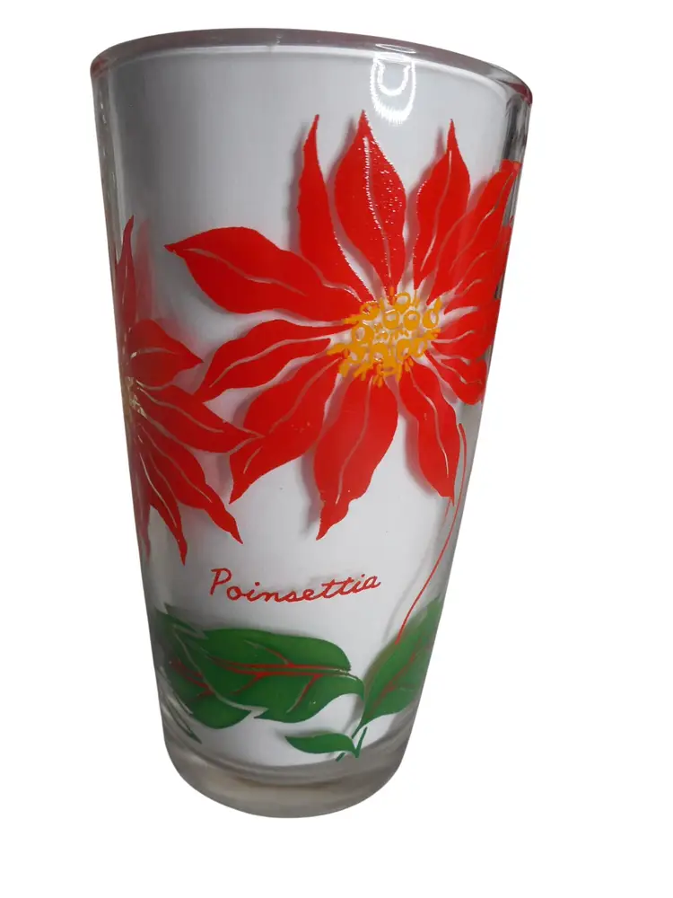 MCM Boscul Peanut Butter Glass Tumbler Dark Red Poinsettia Estate find 5" #9