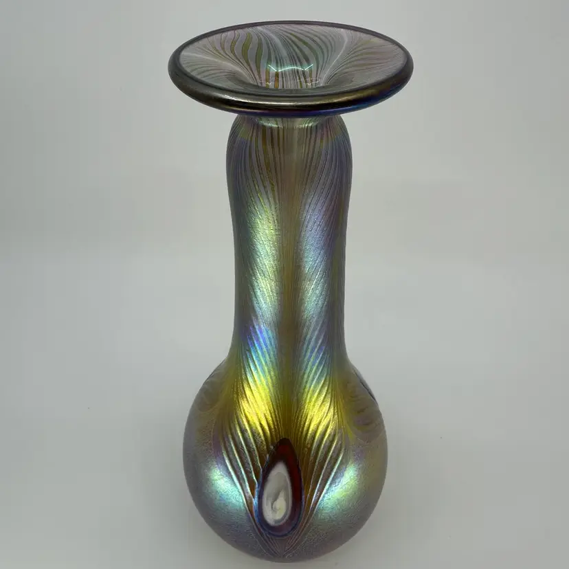 Igor Muller Czech Art Glass Iridescent Peacock Eyes Pulled Feather Vase Signed