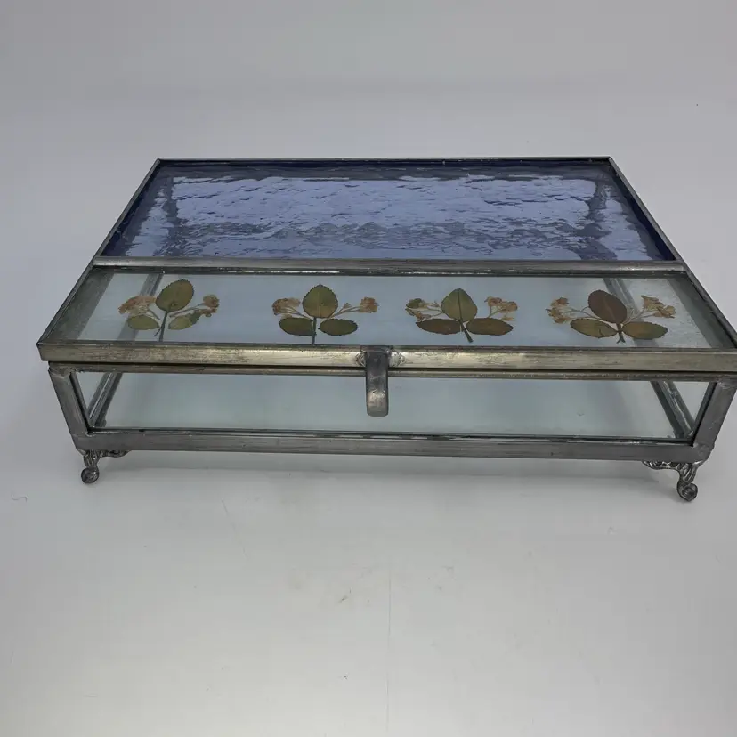 Vintage Glass Trinket Jewelry Box Pressed 3 Leaf Clovers Stained Glass Footed