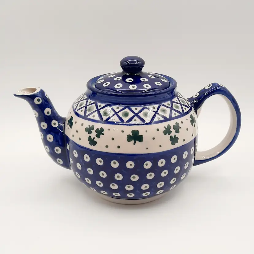 Polish Pottery Boleslawiec Teapot Blue Eyes Shamrock Clover