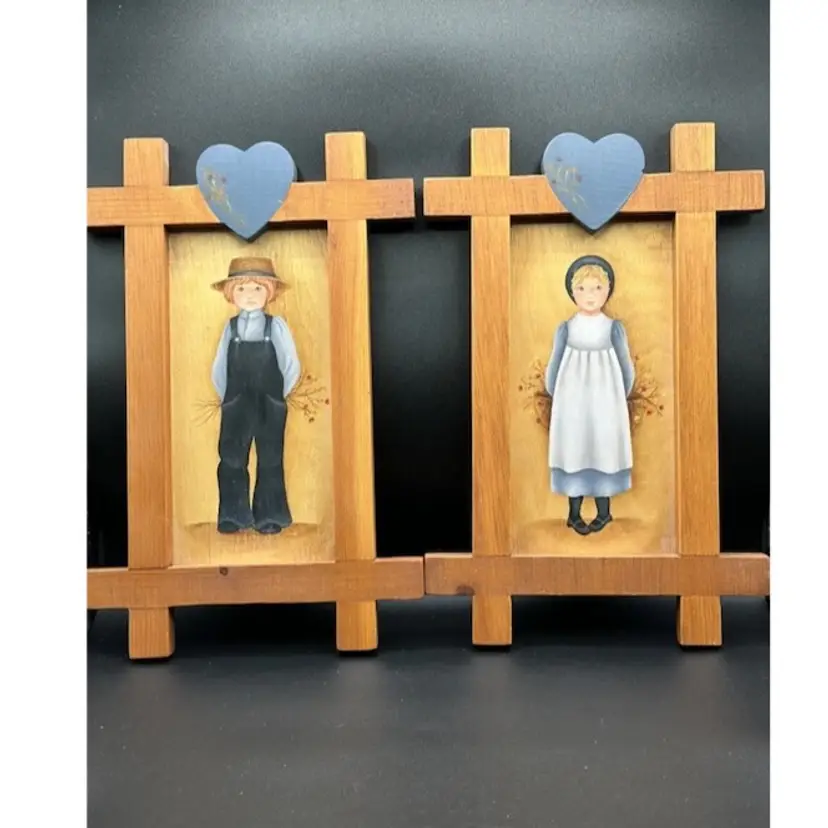 Amish boy and girl handpainted folkart vintage wall decor wood