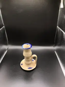 Salt Glaze pottery candle stick W blue glaze