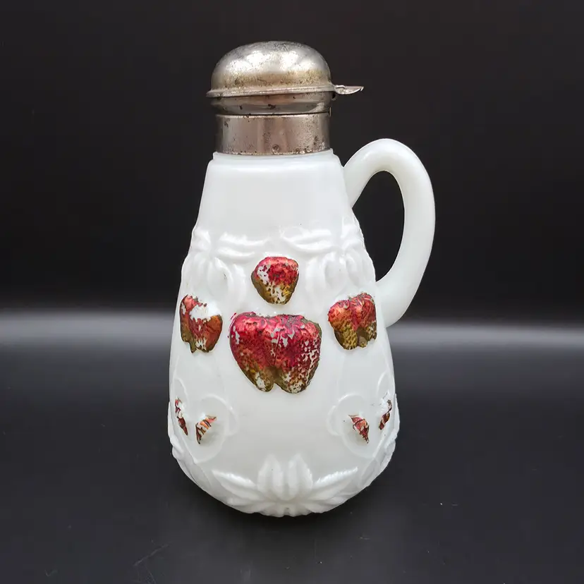 Antique Milk Glass Syrup Pitcher with Strawberry Patch Pattern