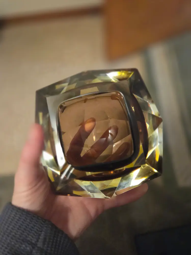 Vintage Murano Bowl Ashtray Mid Century Modern Faceted Clear & Brown Art Glass