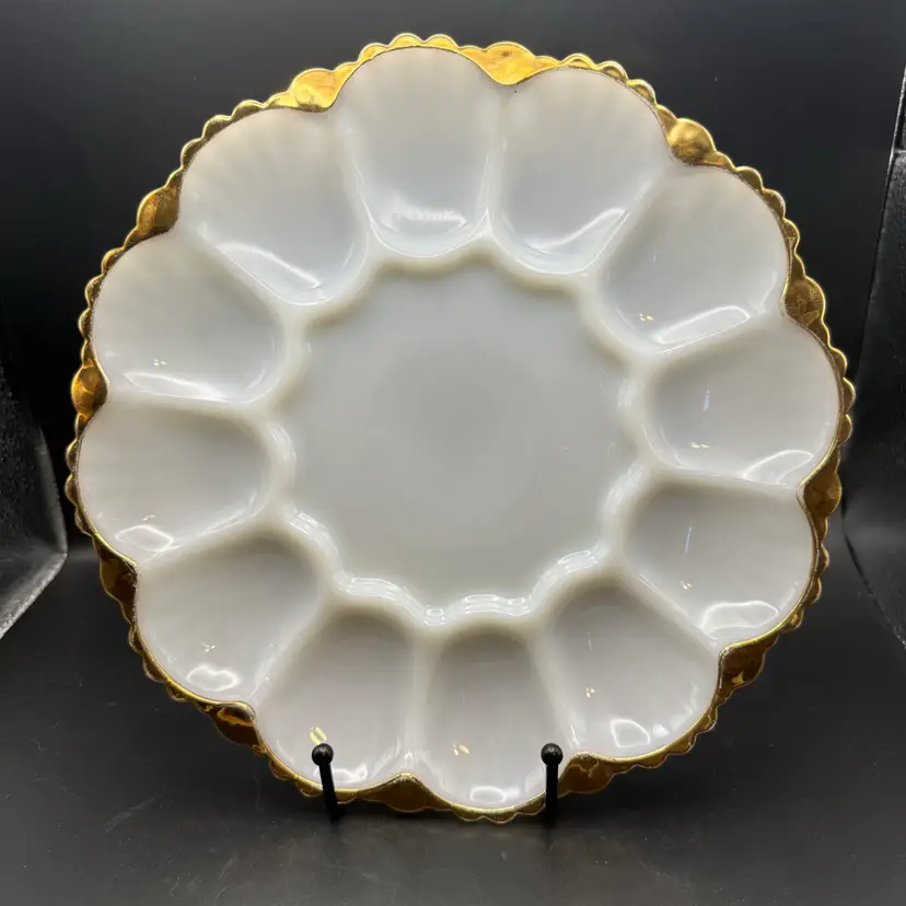 Vintage Anchor Hocking Fire-King White Milk Glass Gold Trimmed Deviled Egg Plate