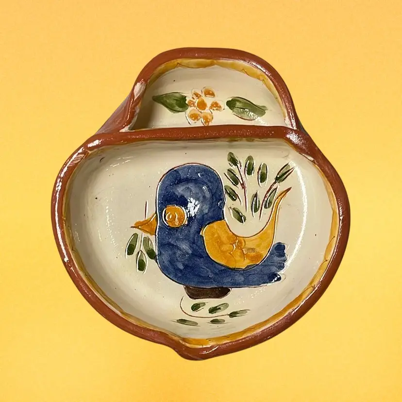 Handmade Folk Art (Portugal) Hand Painted Bird Art Pottery Olive Serving Dish w/ Pit Sidecar 6"