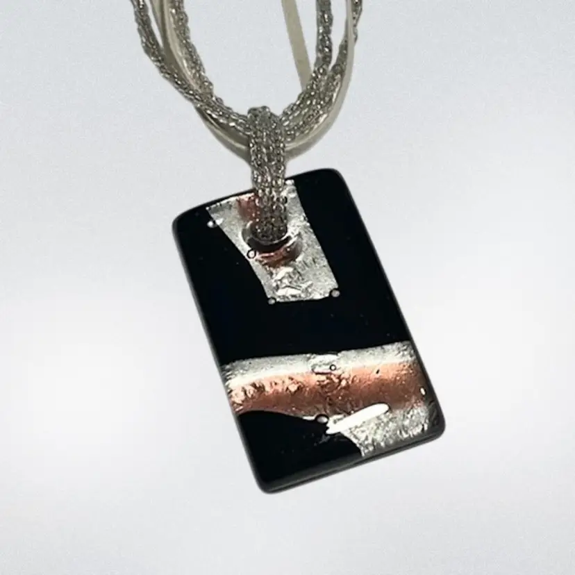 Fused Art Glass Black Dichroic Foiled Look Necklace  Pendant On Rope Beaded Chain | 17”