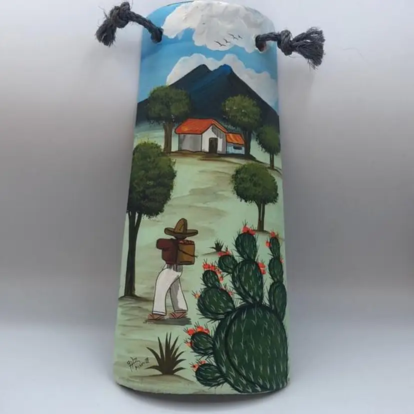 Mexican Painted Roof Tile Scenic View Signed 2008 Wall Decor