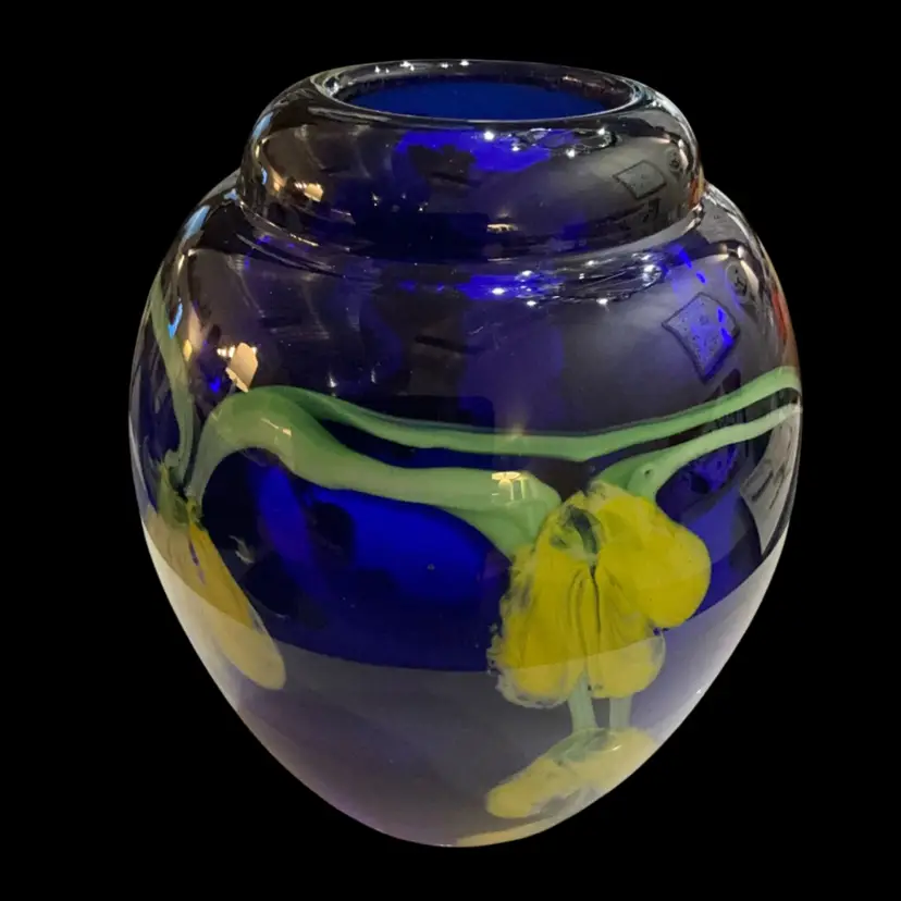 Art Glass HB Cobalt Blue w/Yellow And Green Laburnum Floral Pattern 5.5” x 5”-GLOWS