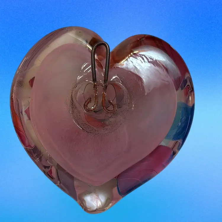 Large Blown Glass Heart Paperweight With Heavy Hanger On Back Pinks Purples Dichroic Blues 4 1/2” Tall And 4” Wide