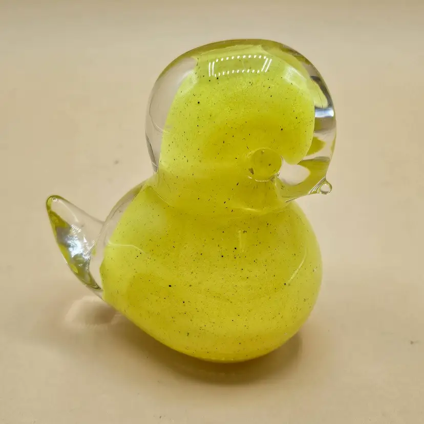 Swedish Konstglass Yellow Clear Duck Bird Paperweight, Speckled