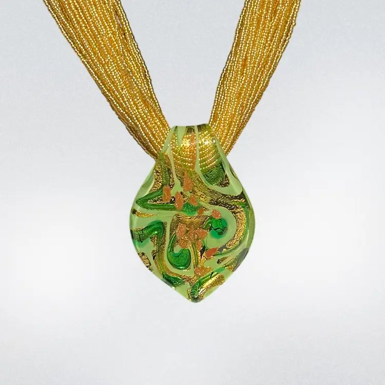 Stunning Golden Seed Bead Necklace w/ Fused Green Glass Pendant Dichroic & Gold Shimmer | 18”