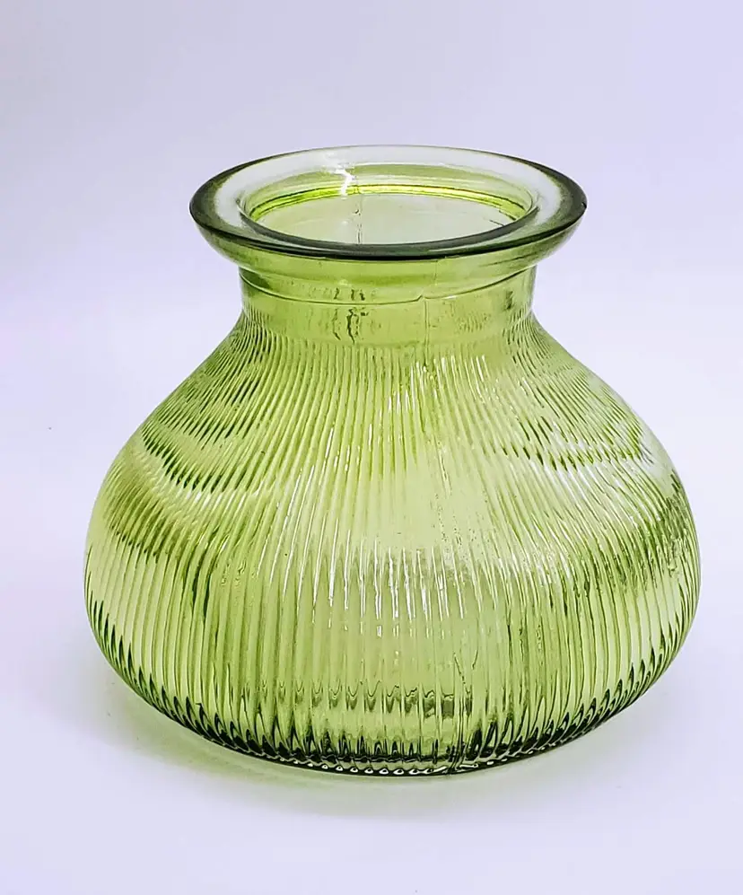 Decostar Green Ribbed Squat Vase Made in Germany 4.75" x 6"