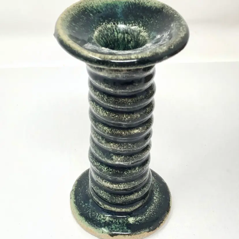 Handmade Pottery Candlestick Holder Spool Spindle Style Mossy Green