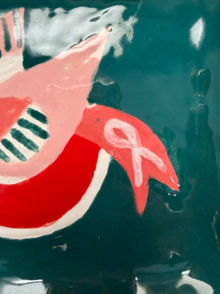 Breast Cancer Awareness - Pottery Studio Made By Me - Trinket Dish / Wall Plate - Pink, White And Red Bird On Green Background - Has Ribbon On Tail