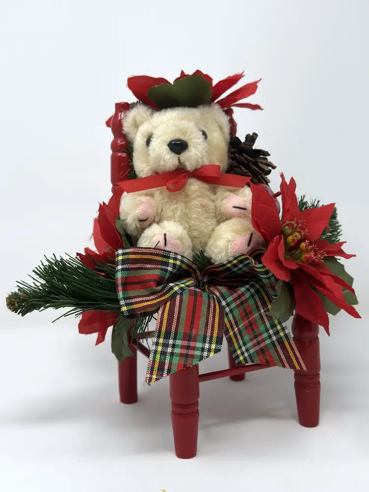 Red Plaid Christmas Bear Chair – 8.5” Plush Holiday Decoration with Poinsettias, Country Cottage Style (c.1988–1995)