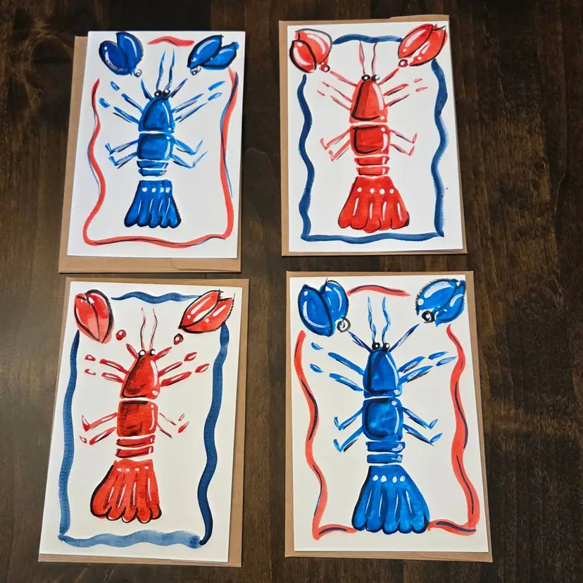 #02 Handpainted Watercolor Red Blue ❤️💙 Lobster Card Set Of Four