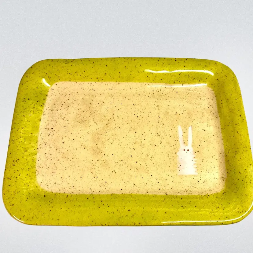 Speckled Stoneware Studio Pottery Platter w/ Weirdo Bunny Rabbit 13”x9”