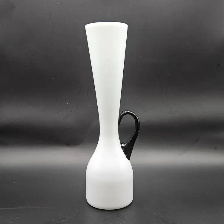 Art Glass White Pitcher Vase Black Glass Applied Handle Vintage Hand Blown MCM