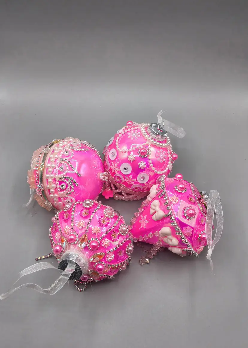 HAND DECORATED Pink Beaded Christmas Ornaments