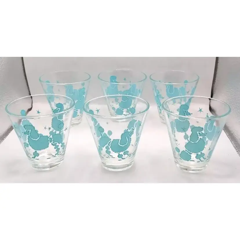 Vintage MCM HA Turquoise Atomic Poodles Set of 6 Sm Cocktail Shot Glasses, RARE! Barware